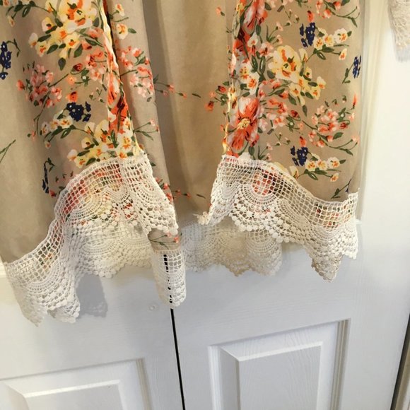 Tan And Floral Sheer Cardigan With White Eyelet Hem - Picture 2 of 5